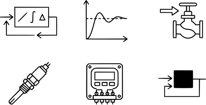 Industrial Control System Icons: PID Controller, Graph, Valve, Sensor, Meter, Block Diagram