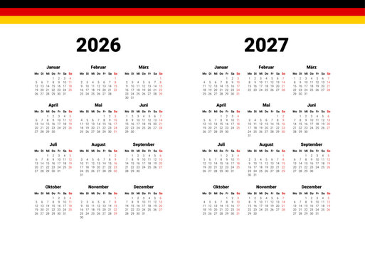 Germany 2026, 2027 calendar. Vector design template start from monday. Full months for wall calendar. isolated wall background.