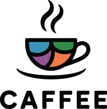 Minimalist coffee cup with steam, featuring a segmented colorful bowl in blue, green, purple, and orange, with the text caffee below