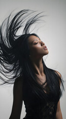 Naklejka premium Asian woman with long black hair tossing her head in a black dress