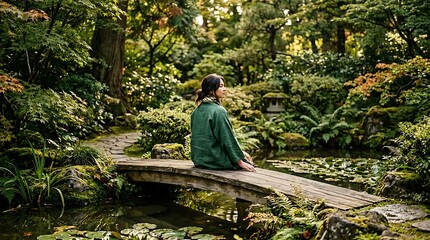 Fototapeta premium Peaceful woman sitting on a wooden bridge in a lush zen garden