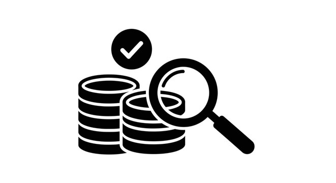 Money Audit Icon: Magnifying Glass Inspecting Stacked Coins with Checkmark