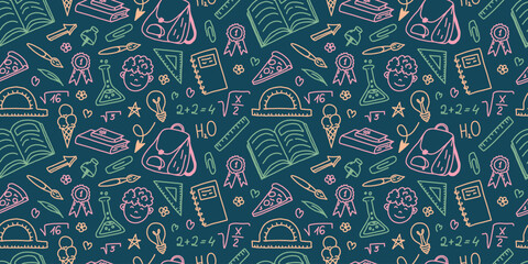 Naklejka premium Back to School Seamless Pattern with Education Doodles and Learning Icons