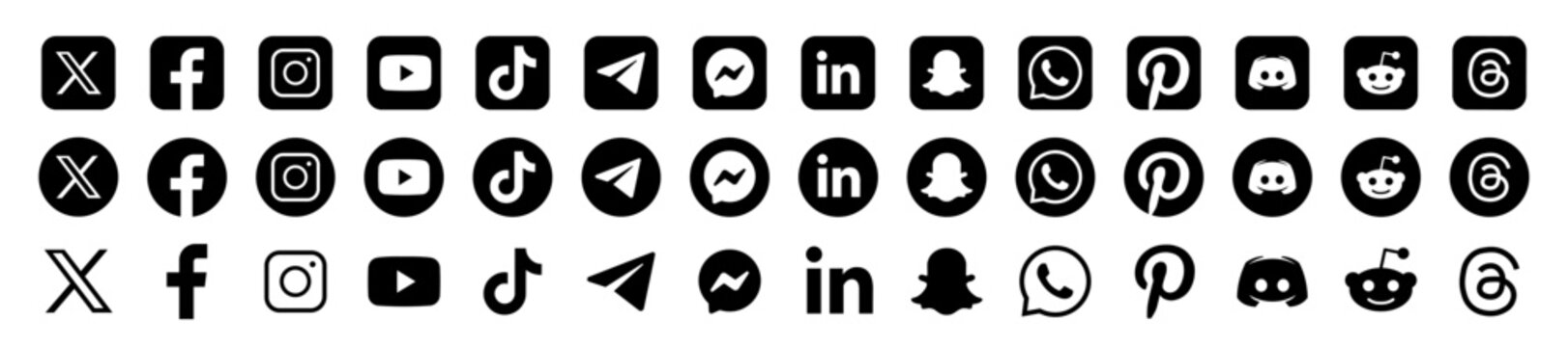 Social media vector icon collection isolated on transparent background.