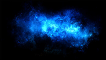 Abstract swirling ethereal blue nebula gas cloud formation, cosmic dust illuminated intense interstellar light against void. © Ateş