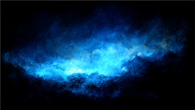 Ethereal blue luminescence illuminates the darkness, a captivating display of radiant energy and cosmic dust swirling.