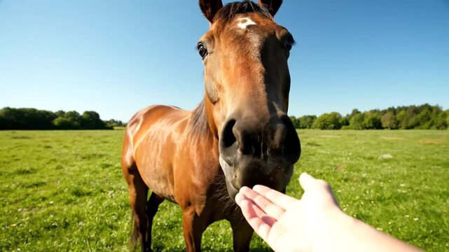 Close up view of friendly brown horse being hand fed in a sunny green meadow