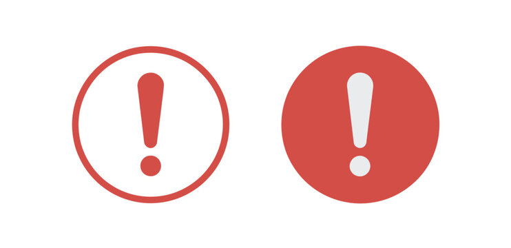 Exclamation mark alert icon set featuring attention notification symbols and round warning icons in outline and solid vector styles.