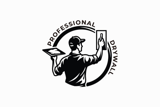 Professional Drywall Installer Worker Construction Service Logo Design Template