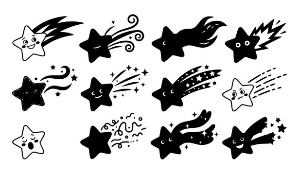 Shooting Stars and Comet Doodle Collection Black Silhouette Decorative Design Set