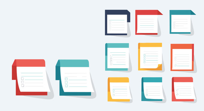 Colorful set of digital notepad and checklist icons in various shades including red, blue, and yellow for organization and task management.