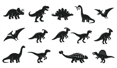 Dinosaur Silhouette Collection Featuring Various Prehistoric Species And Flying Reptile Shapes © Shakib