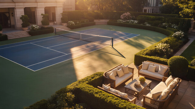 AI-generated luxury private tennis court with garden lounge area in warm evening sunlight
