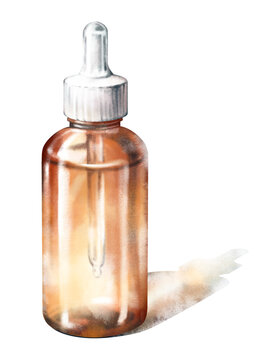Watercolor delicate hand drawn amber glass dropper bottle with pipette, white cap isolated on white background. Aesthetic illustration for natural skincare, apothecary, wellness, essential oil, serum
