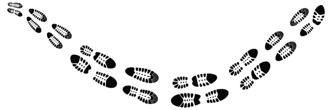 Human footprint vector featuring a tracking path in black silhouette on white background for hiking routes, navigation systems, movement direction, and travel concepts.