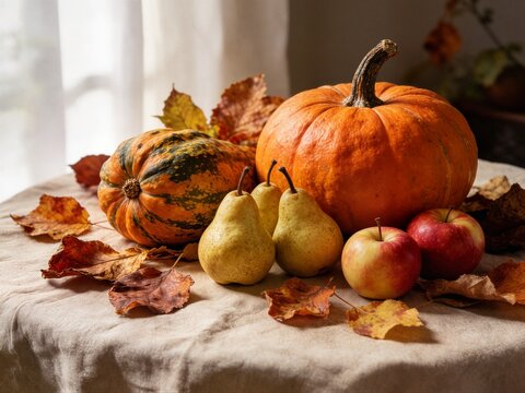 Image 10: Festive autumn still life arrangement with pumpkins apples and dried leaves on linen tablecloth ideal for thanksgiving branding