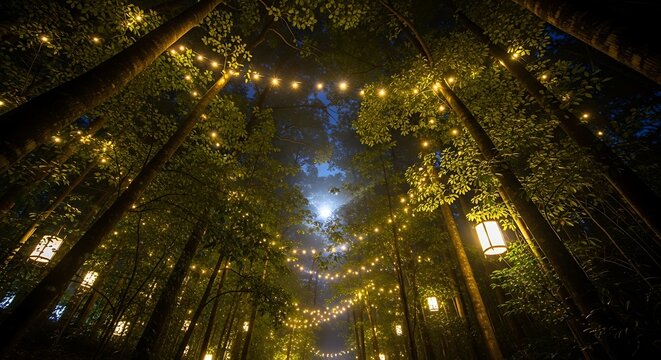 Enchanted forest illuminated by string lights and lanterns at night