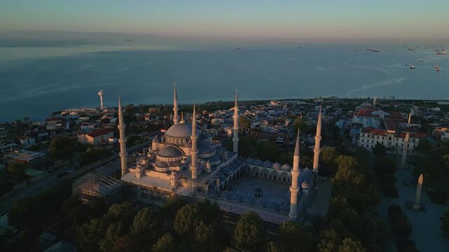 The Blue Mosque in Istanbul at Sunrise Aerial Wide Orbit in 4k