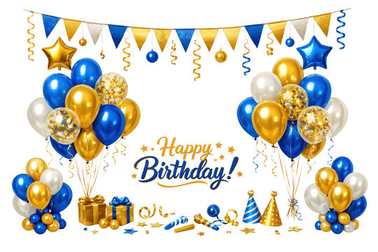 Festive happy birthday banner with blue and gold balloons, party confetti and gifts, celebration greeting design isolated PNG with Transparent Background