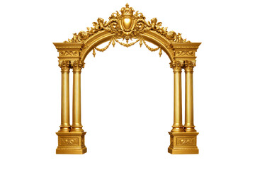 Obraz premium Ornate gold archway, baroque palace entrance frame with columns, classical decorative gateway for luxury design isolated PNG with Transparent Background