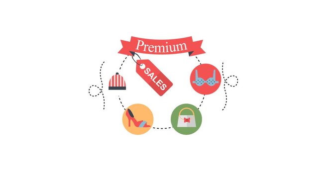 Animated advertisement of premium clothing products presented with sales tag and decorative elements