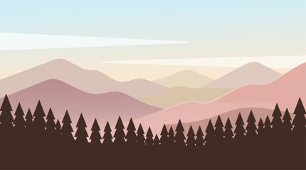 Mountain range and coniferous forest silhouette, vector illustration. © MdDulal
