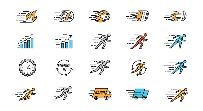 Comprehensive set of icons representing speed rapid movement performance growth and energy efficiency with fire runners trucks and clocks.
