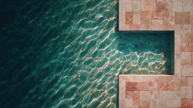 Sunlight patterns dance across the clear turquoise water surface bordering stone tiling