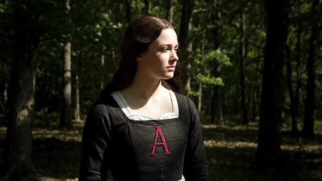 A woman in vintage clothes in the woods, a woman in black in the woods