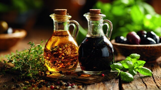 Two glass cruets containing golden infused oil and dark vinegar rest on a rustic wooden surface with fresh herbs and olives nearby.
