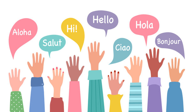 Hand raised of multicultural people from different nations holding speech bubbles with greeting text in various international languages.