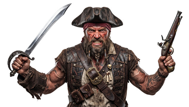 Furious bearded pirate holding cutlass and flintlock pistol with arms raised