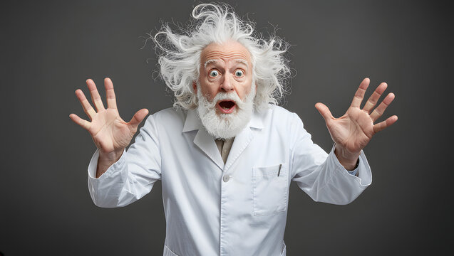 A funny mad scientist with messy white hair and a beard looking completely shocked with raised hands, creative concept of a sudden discovery, unexpected breakthrough, or lab accident