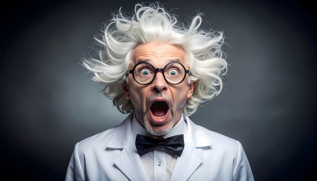 A funny mad scientist with messy white hair and round glasses looking completely shocked with open mouth, creative concept of a sudden discovery, eureka moment, or failed experiment