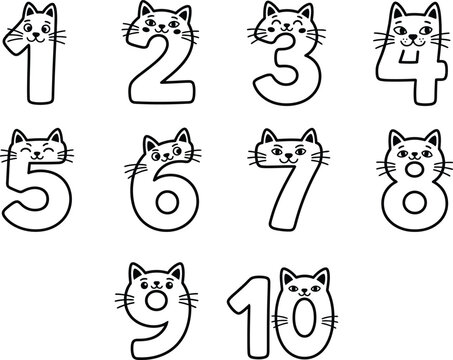 Cute cat numbers, feline numeral icons, cartoon number set, black outline illustrations