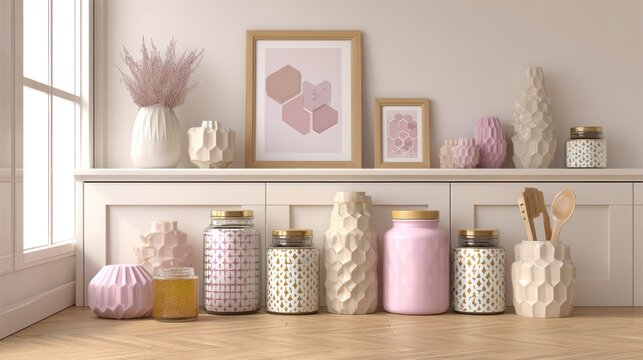 Assortment of textured decorative objects and storage containers arranged on a white cabinet surface near a window