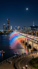 Fototapeta premium Seoul Banpo Bridge Rainbow Fountain Show at Night with City Skyline
