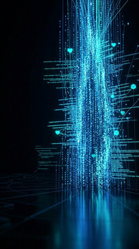 Digital stream of binary code and data, with illuminated hearts, symbolizing data flow and digital connection, relevant for Valentine's Day
