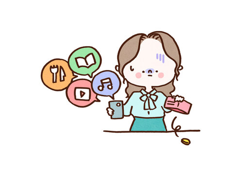 Woman with an empty wallet after overspending on smartphone apps, broke or financial trouble concept