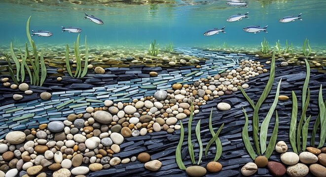 Artistic underwater mosaic of river stones and swimming fish
