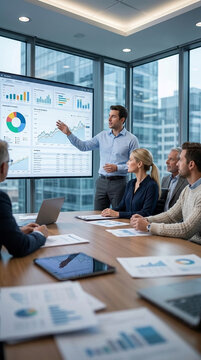 Business meeting with team analyzing charts on a large screen and table, symbolizing collaboration, data analysis, and strategic planning.