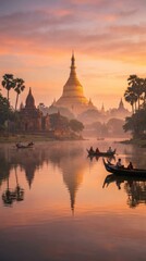 Fototapeta premium Golden Pagoda at Sunrise Reflection on Misty River with Boats, Bagan, Myanmar