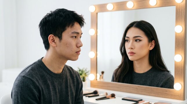 young Asian man with no facial hair looking into a mirror. The reflection in the mirror shows the same man, but transformed with elegant women's makeup , crossdressing lifestyle, transformation