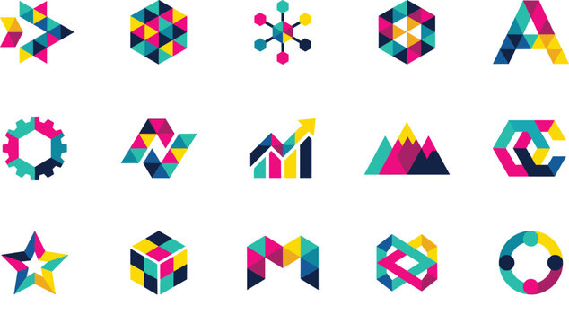 Professional set of colorful geometric logo icons featuring letters charts mountains and abstract shapes for modern tech branding
