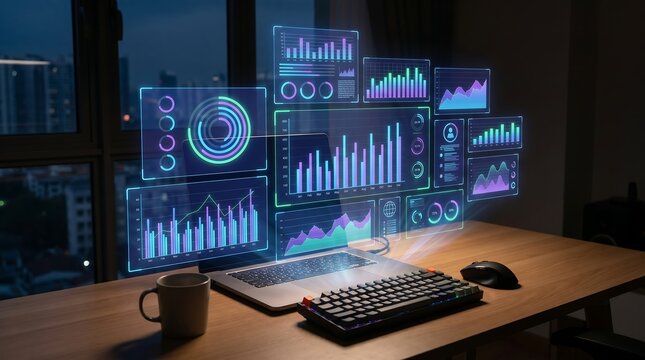 Futuristic Digital Analytics Dashboard Displayed on Laptop Screen