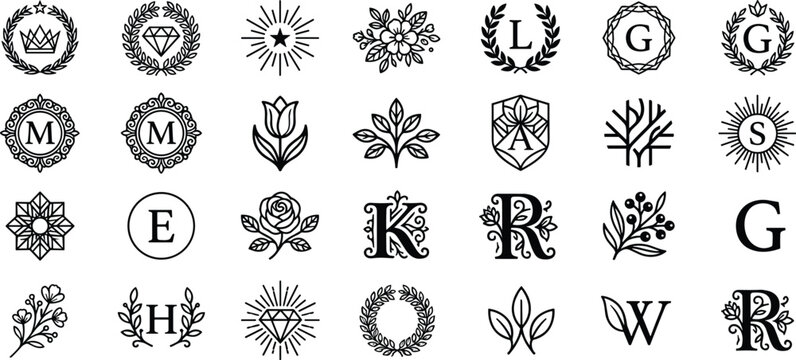 Elegant minimalist logo collection featuring floral monograms botanical wreaths crowns diamonds and sunburst symbols for luxury branding identity