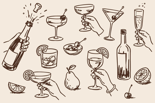 Cocktail Drinks Set Vintage Sketch Vector Illustration