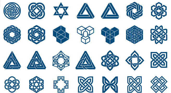 Set of teal geometric icons and logos featuring Celtic knots Penrose triangles hexagons and abstract symmetrical patterns for branding projects