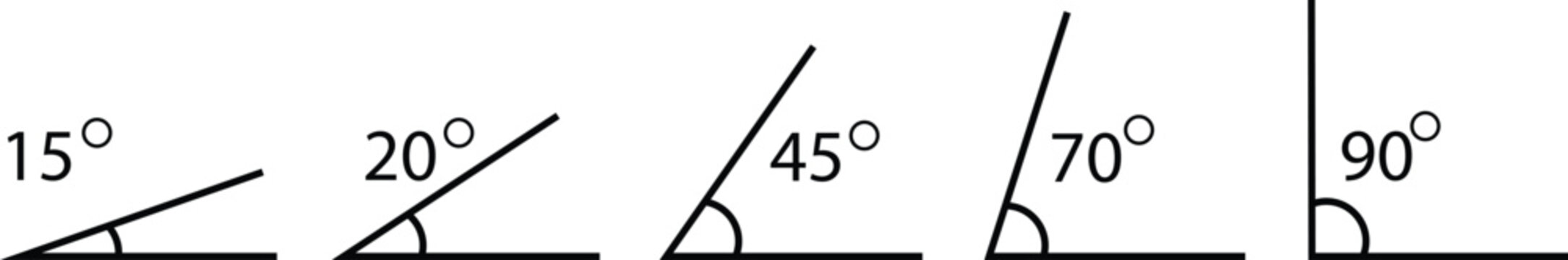 Mathematical angles vector set, 15 20 45 70 and 90 degree geometry black icons