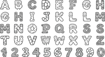 Unique hand-drawn decorative alphabet and number set featuring floral patchwork cheese and melting frosting font styles for coloring © Najmus Shakib